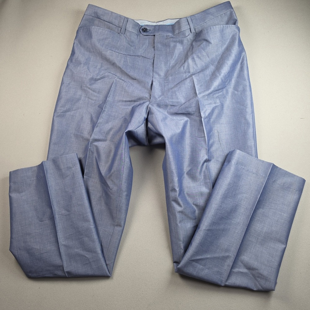 Rocco's Naples FL Torino Men's Blue Chambray Cotton Flat Front Dress Pants Italy